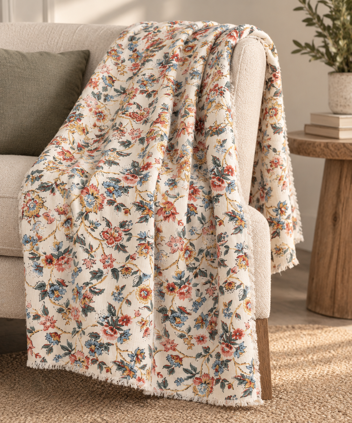 Floral Print Cotton Throw w/Sherpa Back