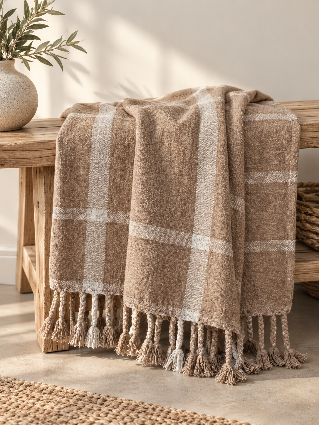 Natural Beige Woven Striped Throw