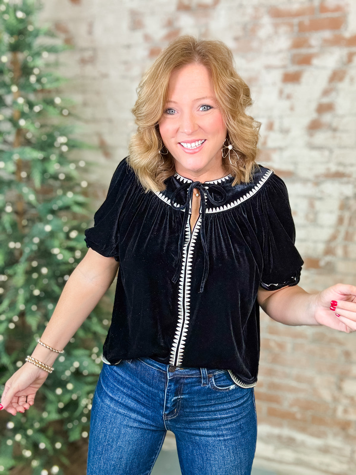 THML Nita Embroidered Velvet Tie Top - FINAL SALE